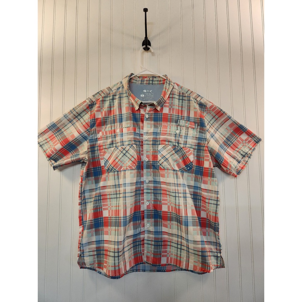 Silver Bait Mens XL Fishing Shirt Short‎ Sleeve Plaid Vented Mesh Red Blue White